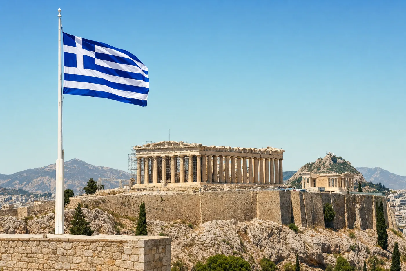 Kjent landemerke i Hellas med landets flagg