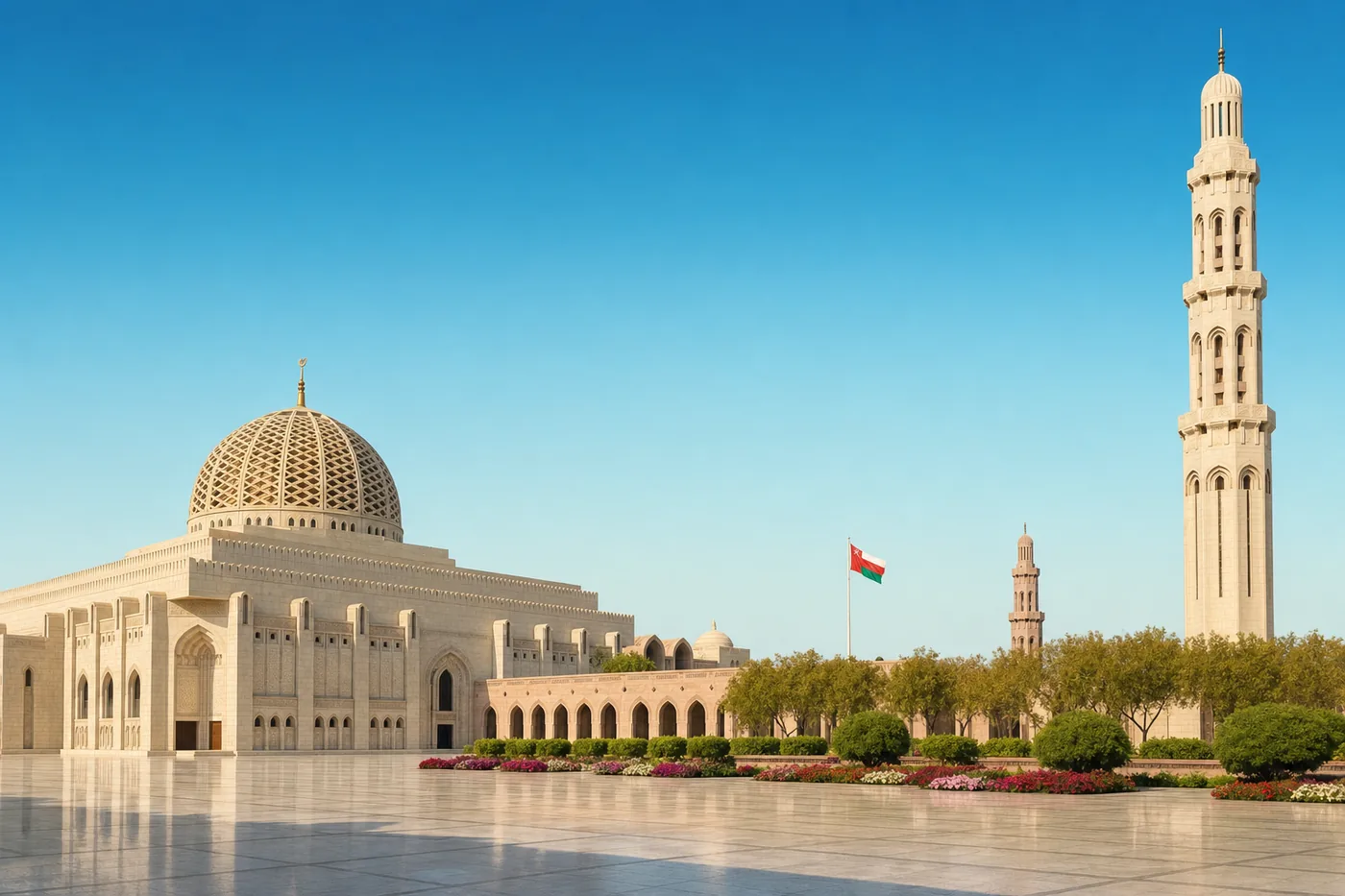 Kjent landemerke i Oman med landets flagg