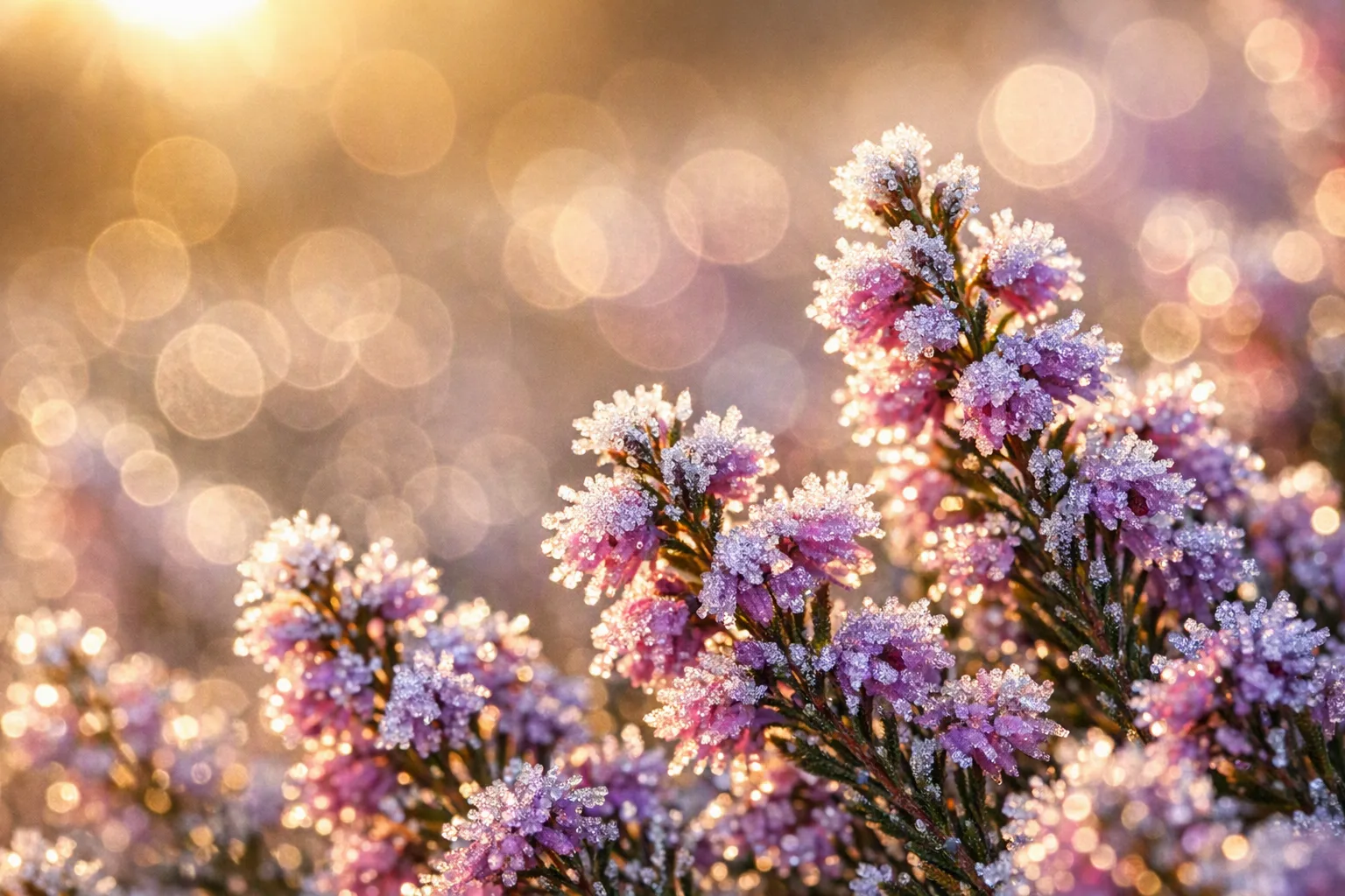 Krysantemum dekket av frost i morgenlyset, frosttolerante blomster